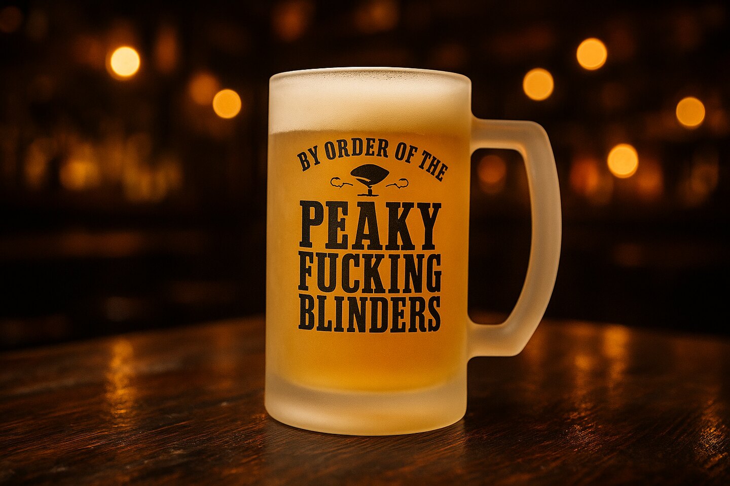 Glazen bierpul met de tekst By order of the Peaky Blinders op een houten cafetafel